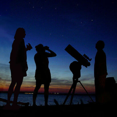 Silhouettes of people with telescopes